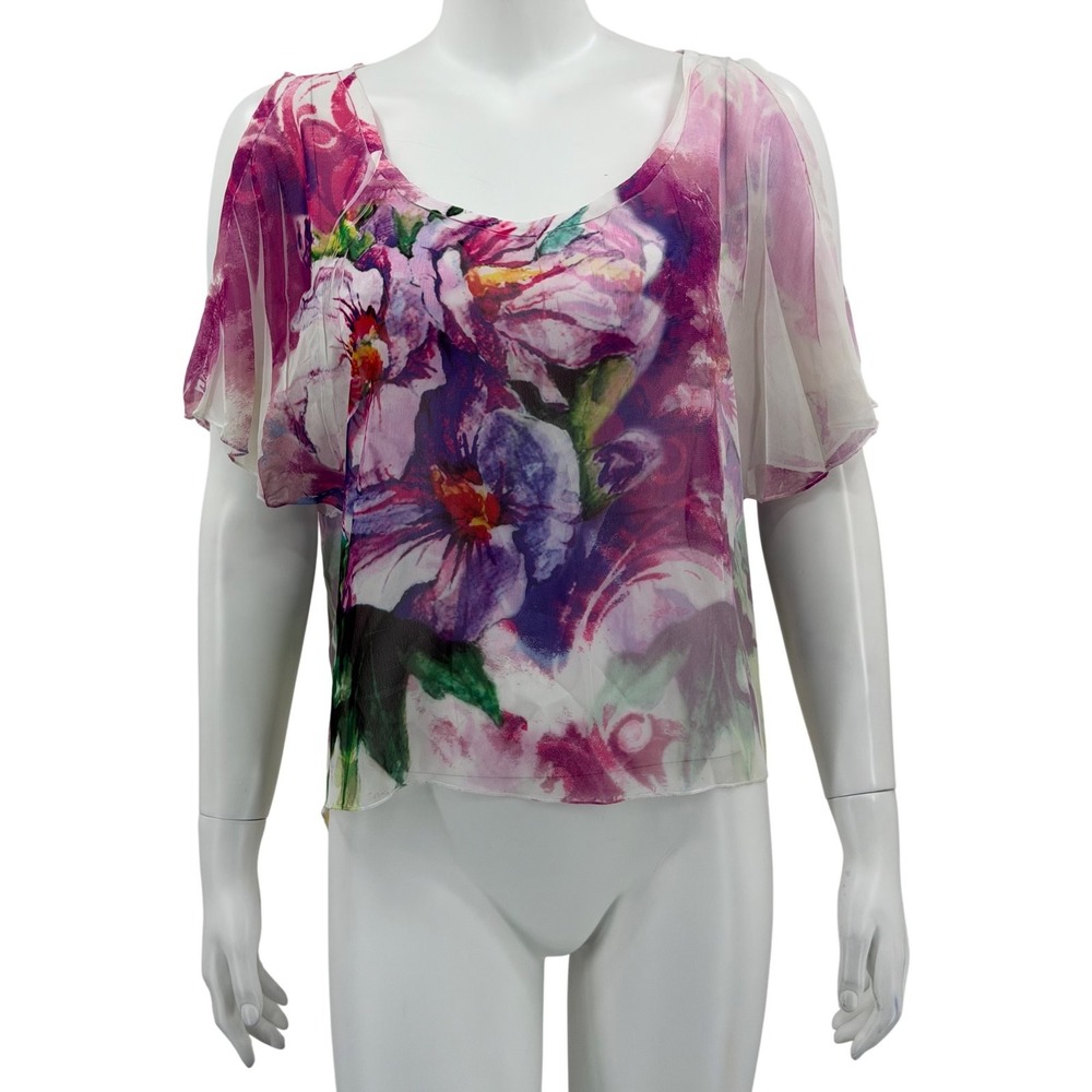 Wet Seal Top Womens Small Purple Floral Sheer Flutter Sleeve Summer Boho Y2K